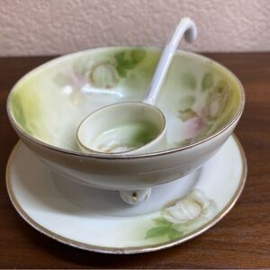 Antique Royal Rudolstadt 3 Footed Hand Painted Roses Bowl Saucer w/Spoon Prussia